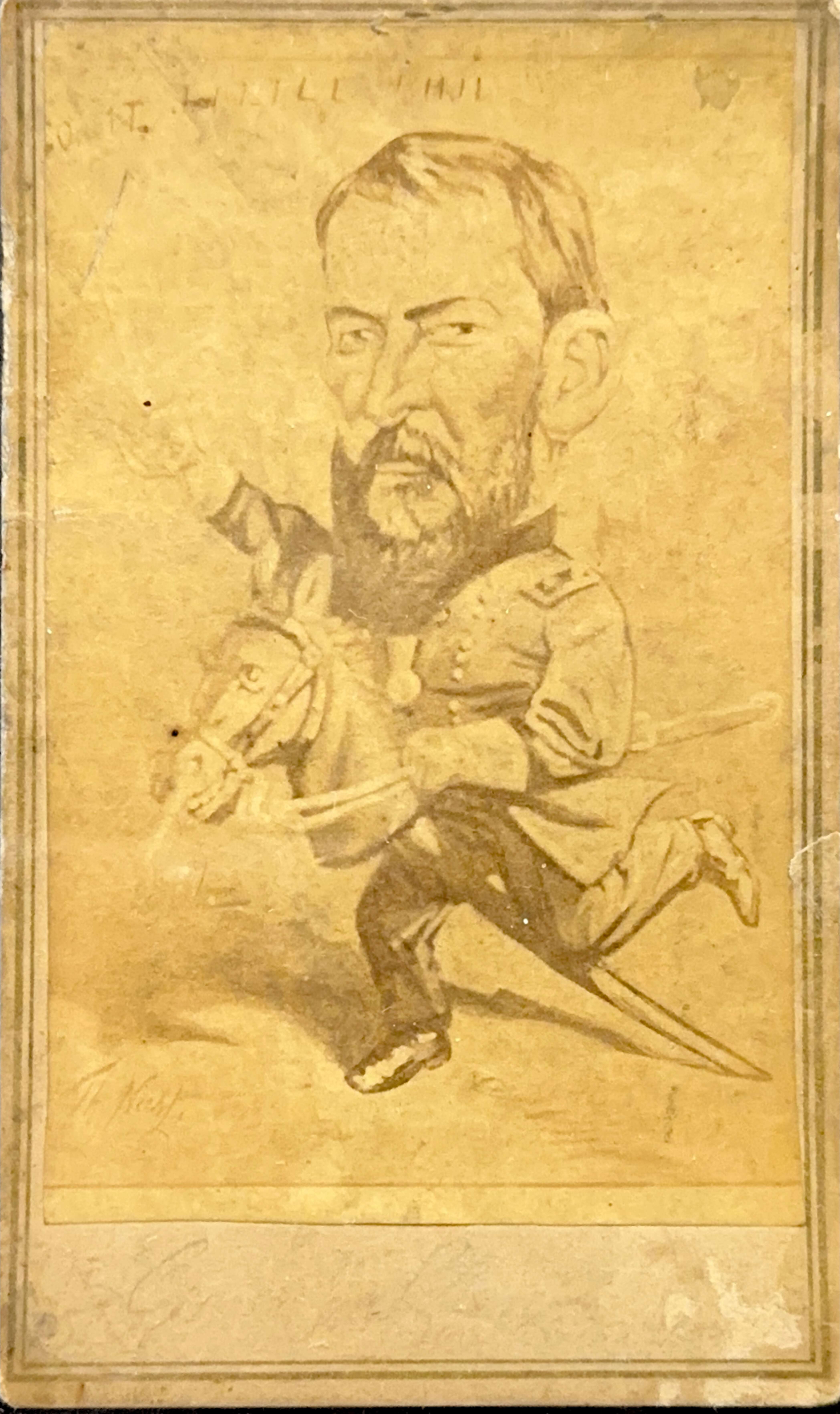 Caricature-style drawn cartoon of General Philip H. Sheridan in his uniform riding a toy horse with his left fist in the air. His name is written at the bottom of the image in cursive.