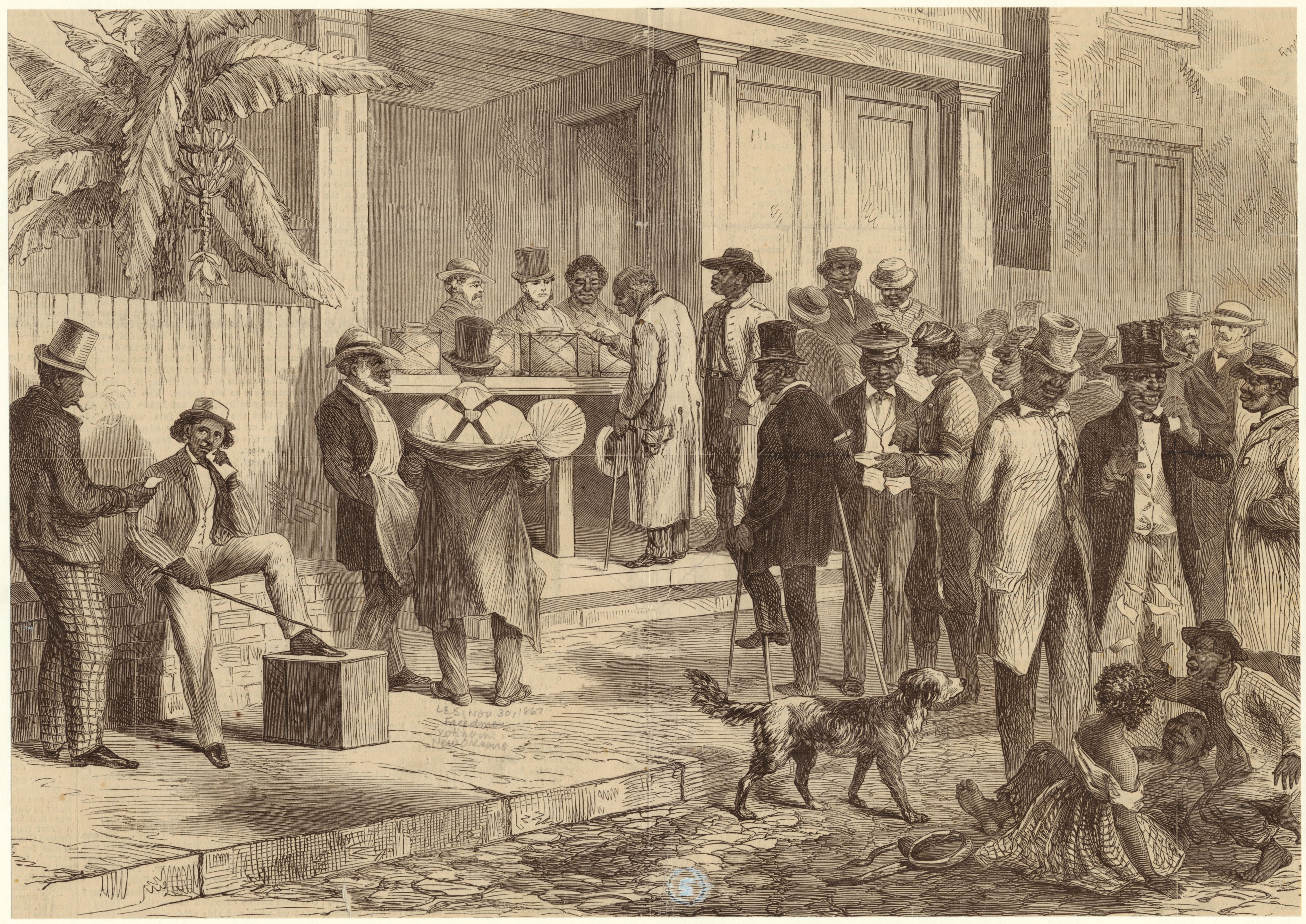 Historical illustration showing African American men voting in New Orleans during Reconstruction, with voters lined up at a ballot box