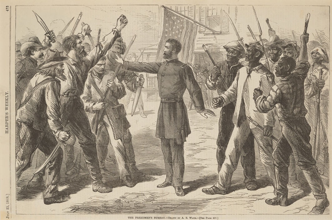 Harper's Weekly illustration depicting a uniformed figure representing the Freedmen's Bureau at center holding out his hand to stop a group of white men from advancing on a group of Black men, with both groups holding weapons and a United States flag hanging from a building in the background