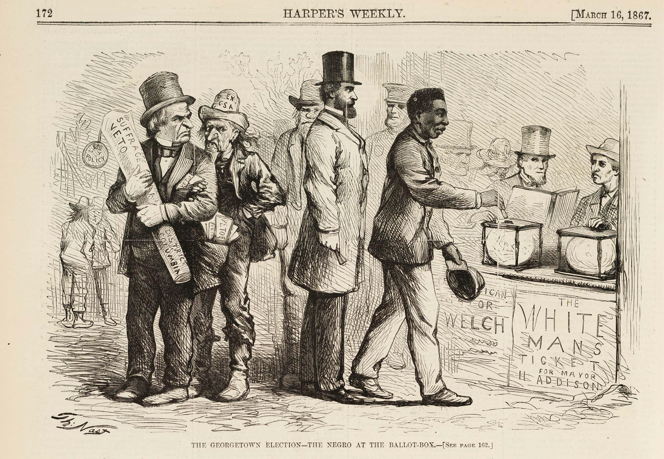 1867 Harper's Weekly political cartoon by Thomas Nast, depicting an African-American man casting his ballot during an election as Andrew Johnson and others look on angrily.