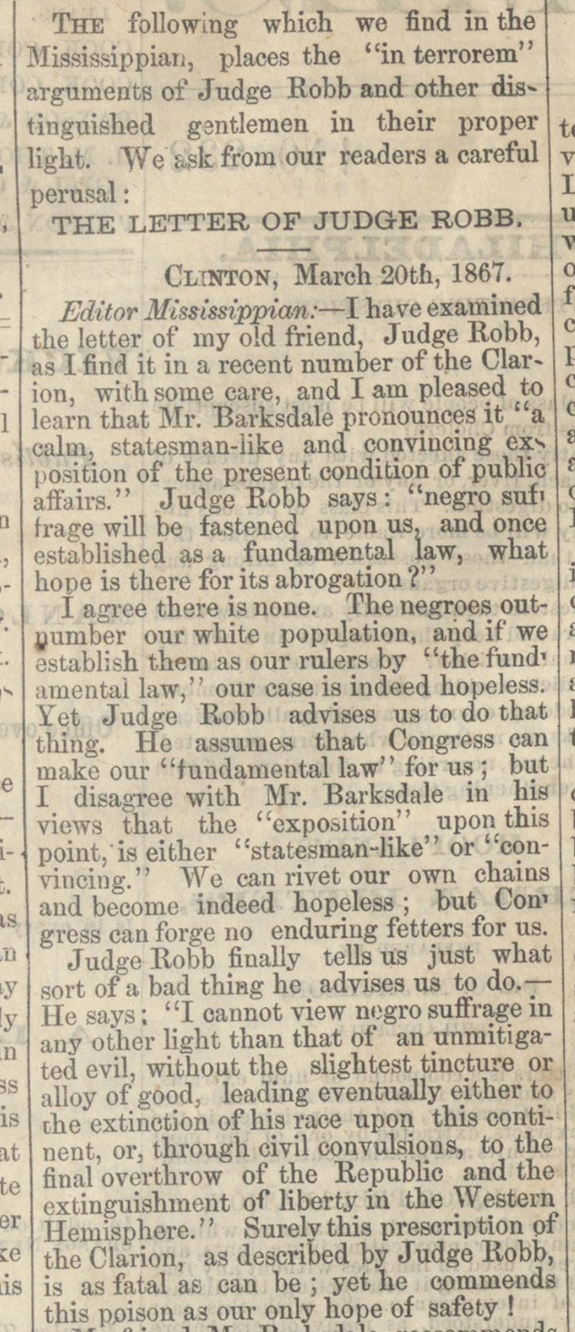VDT article about Judge Robb on African American Suffrage