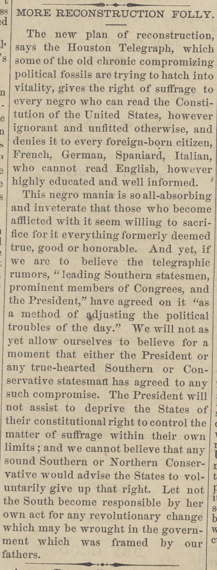 VDT article snippet about suffrage for those who can read the constitution